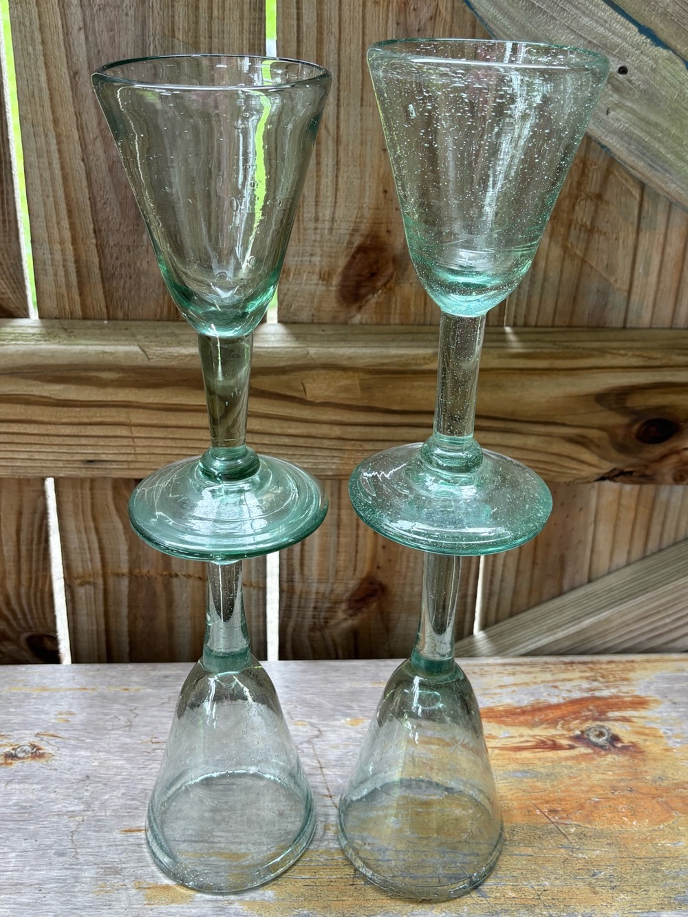 Set of 4 Handblown Green Tinted Recycled Glass Wine or Champagne Glasses